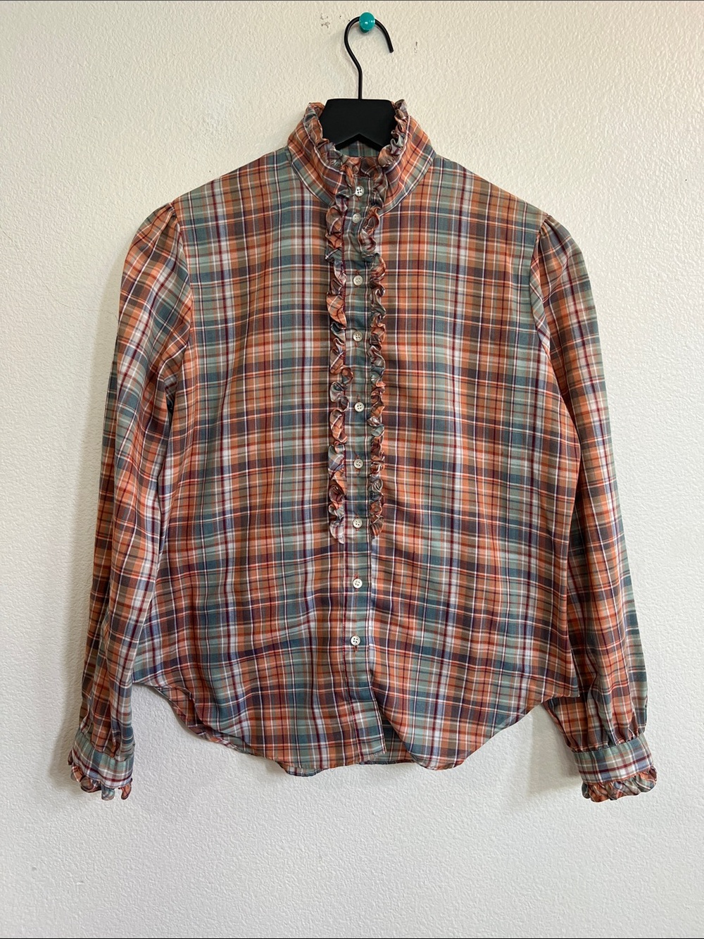 STUART LANG 70s Ruffled Trim Button-Up Long Sleeve Shirt Blouse Multi Plaid 9/10